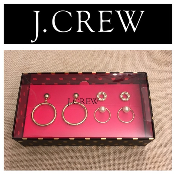 J. Crew Boxed Set Gold Dangle Hoops Crystal Circle - Picture 2 of 8